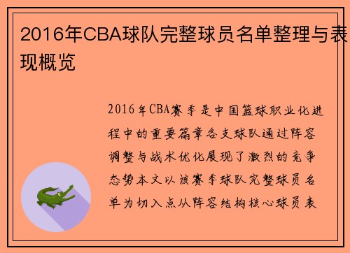 2016年CBA球队完整球员名单整理与表现概览