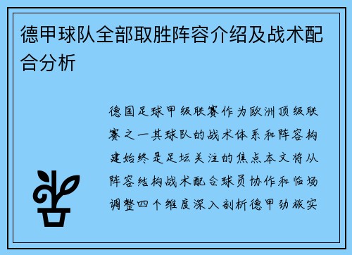 德甲球队全部取胜阵容介绍及战术配合分析