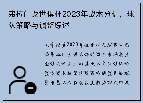 弗拉门戈世俱杯2023年战术分析，球队策略与调整综述